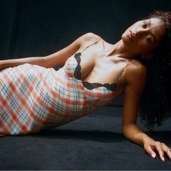 Realisation Par The Karlie Summer Check Silk Maxi Dress XS White Black Orange - Picture 2 of 8